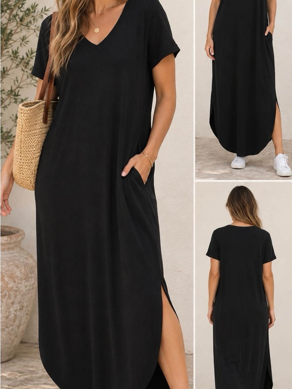 WIHOLL Black V Neck Maxi T Shirt Dress Side Slit Pockets S